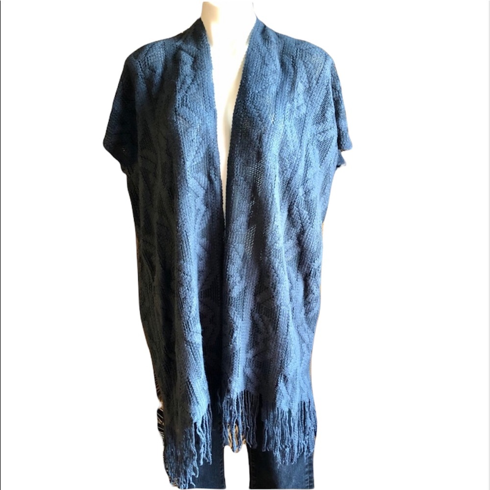3/$20 JON & ANNA Fringe Poncho Cardigan Sweater Open Front Blue One Size